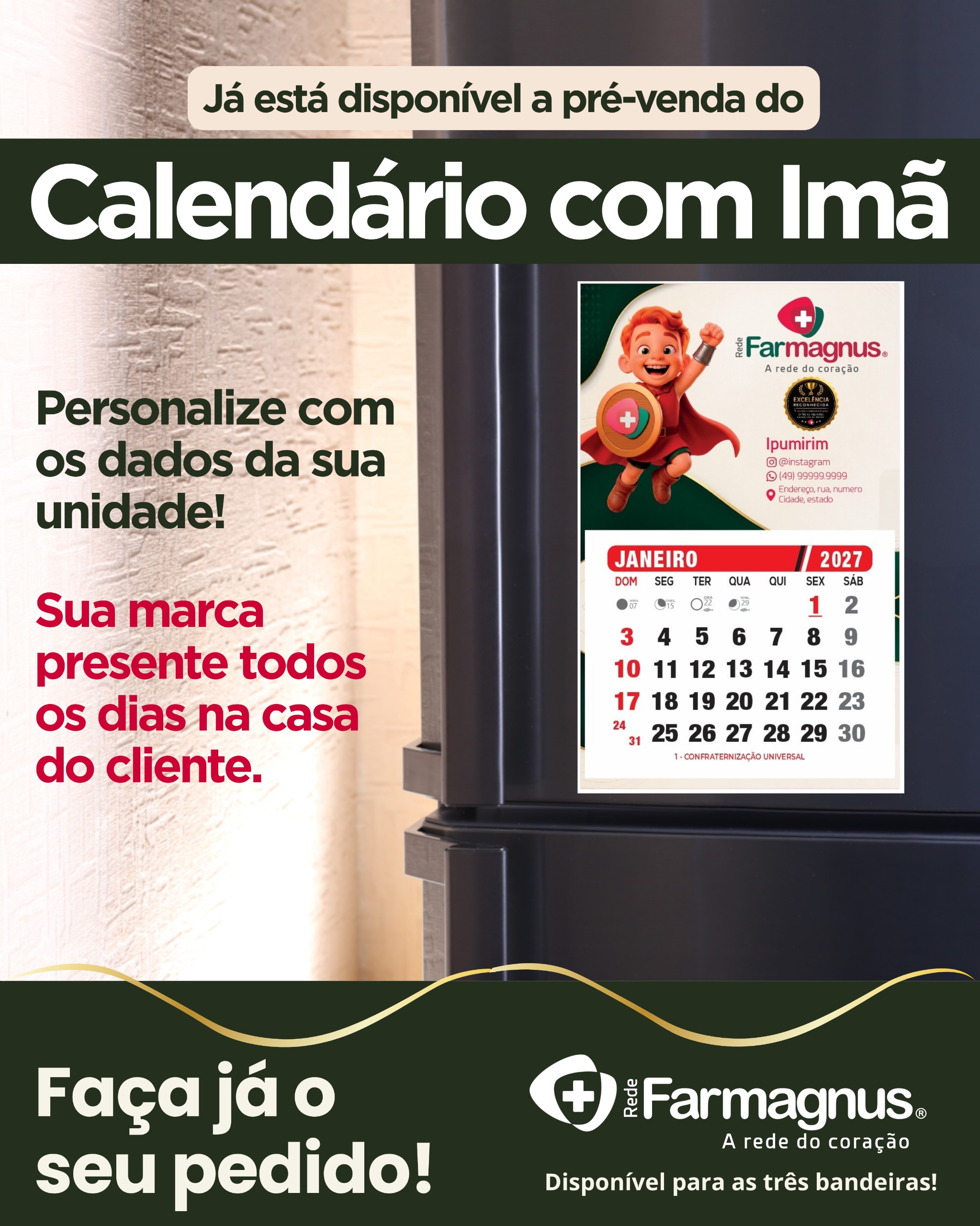 IMÃ DE GELADEIRA COM CALENDÁRIO